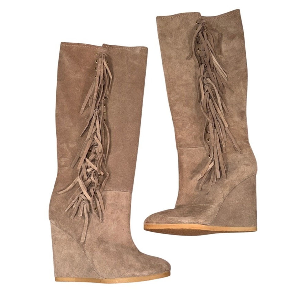 Coach Dollie Wedge Boots Size 7B Womens Tan Suede Fringe Boho High Heel